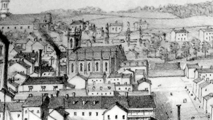 Detail from Edwin Whitefield's view of Kingston from Fort Henry captures the only image of what St. Paul's Church may have looked like before the fire. (Queen’s University)