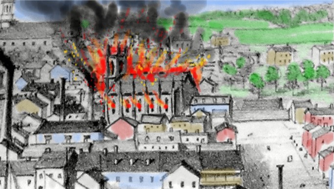 Interpretation of St. Paul's Church on fire, November 1854 (credit Jennifer McKendry) using a detail from Edwin Whitefield's view of Kingston from Fort Henry (Queen's University)