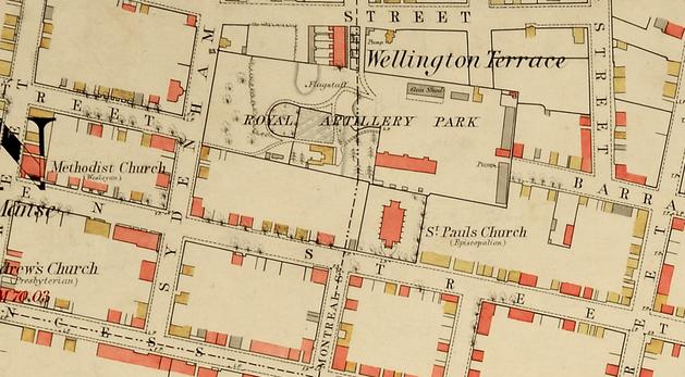 A detailed survey plan of Kingston was drawn by the Royal Engineers in the late-1860s and shows the location of St. Paul’s Church backing onto Royal Artillery Park. Neither Montreal Street nor Bagot Street had yet been run through RA Park. (WO78/4680, National Archives, London)